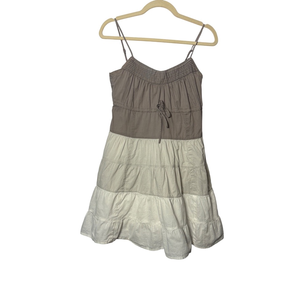 To The Max Dress XS Gray Grey Tan White Tiered Cotton Boho Sundress Cottagecore